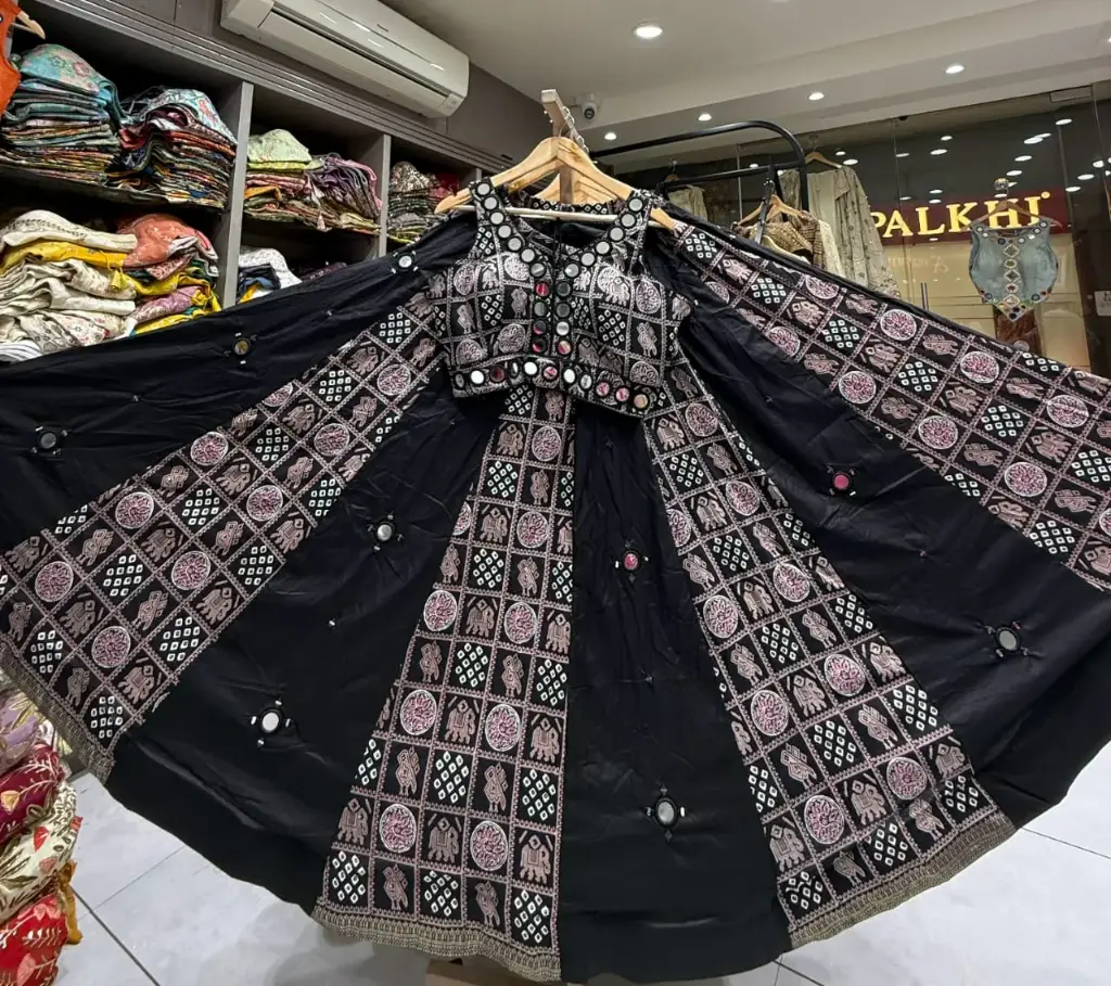 Traditional Patola Print Lehenga with Real Mirror Work in Pure Roman Cotton