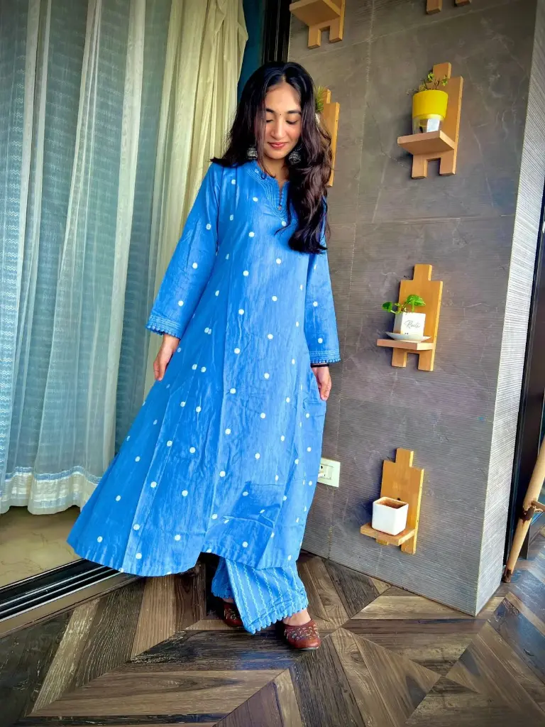 Blue Polka Dot Organic Cotton Two-Piece Kurta Set