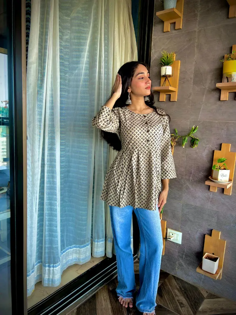 Beige Organic Cotton Short Kurti with Floral Print (38)