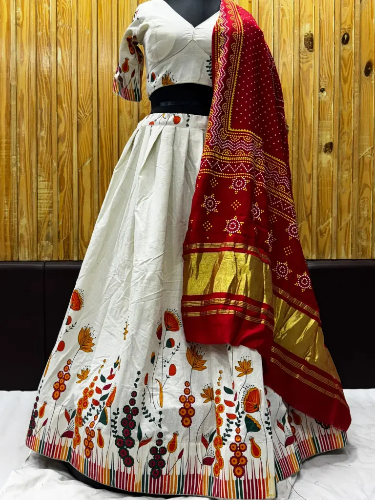 🌸 Khadi Cotton Multi-Floral Print Lehenga with Bandhani Dupatta 🌸