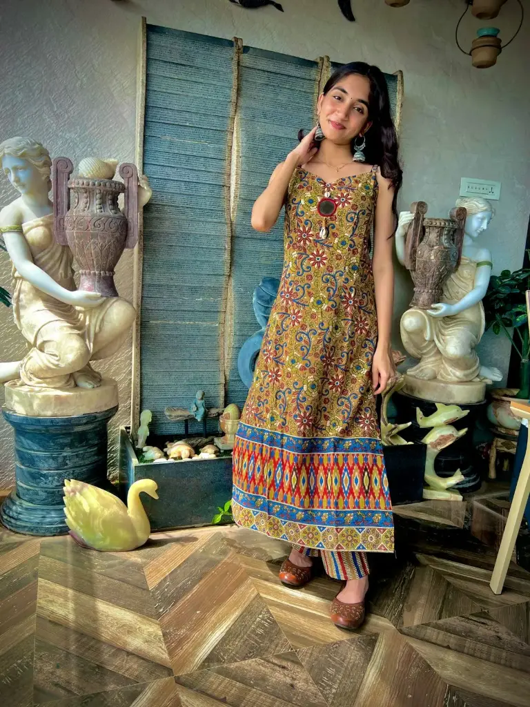 Gilded Bloom – Premium Cotton Kalamkari Dress 