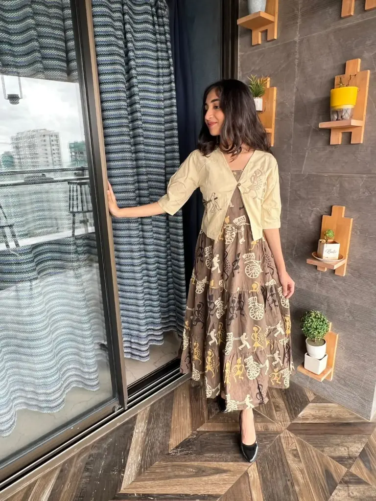 Tribal Tales Brown Maxi Dress with Short Jacket – Premium Cotton (36)