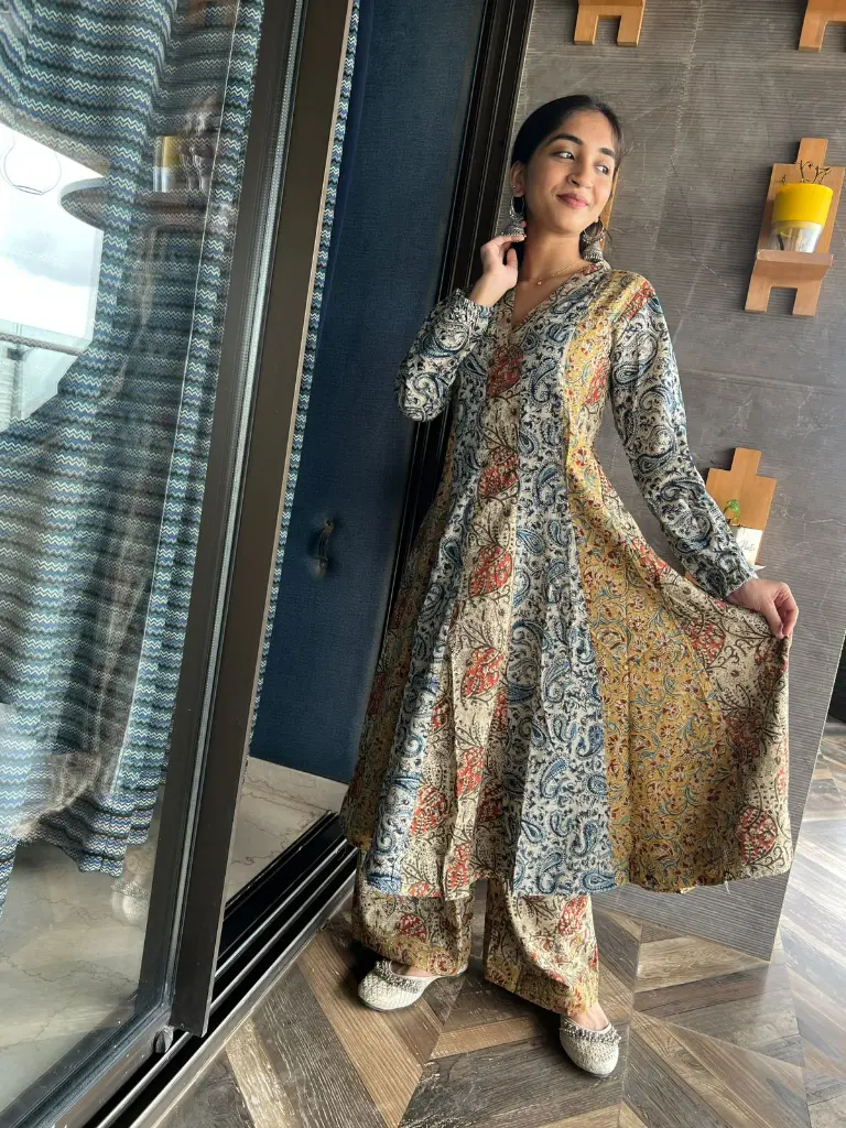 Multicolor Ajrakh & Floral Panel Anarkali Set – Premium Cotton