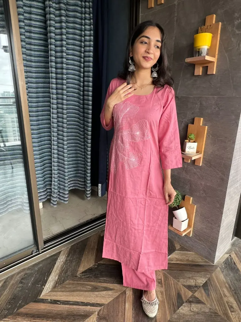 Rose Pink Floral Embroidered Co-ord Set – Premium Cotton