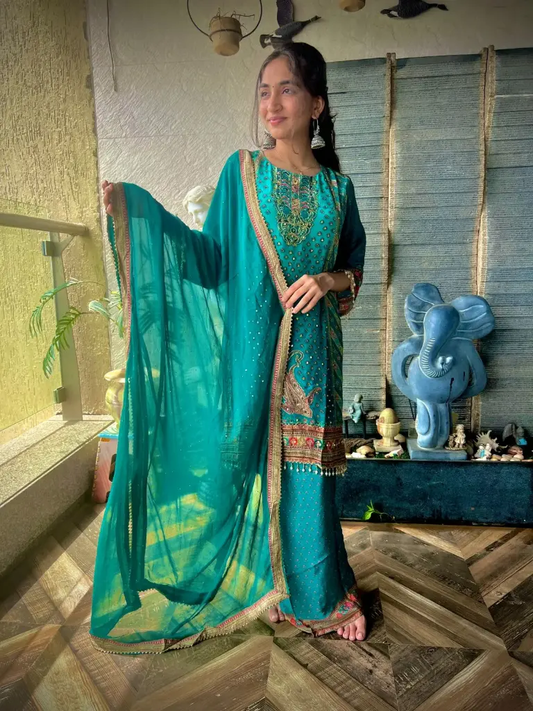 Mirror Work Satin Silk Kurta with Plazo & Pearl Border