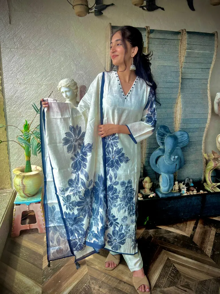 Blue Blossom Chiffon Kurta Set with Dupatta