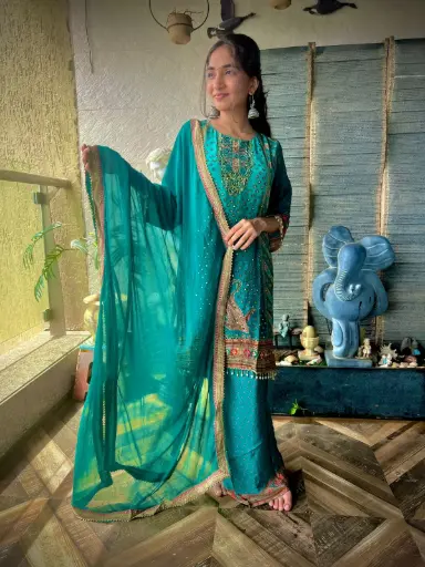 Mirror Work Satin Silk Kurta with Plazo & Pearl Border