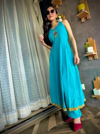 Embroidered Turquoise Organic Cotton Dress 