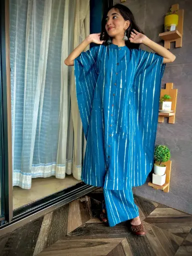 Blue Striped Organic Cotton Kaftan with Plazo