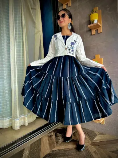 Black Striped Organic Cotton Frock with White Jacket