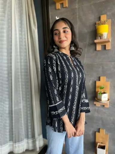 Black Organic Cotton Short Kurti with Leaf Design