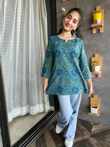 Peacock Blue Organic Cotton Short Kurti