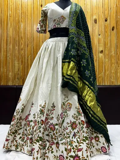 🌸 Khadi Cotton Multi-Floral Print Lehenga with Bandhani Dupatta 🌸