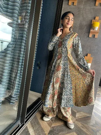 Multicolor Ajrakh & Floral Panel Anarkali Set – Premium Cotton