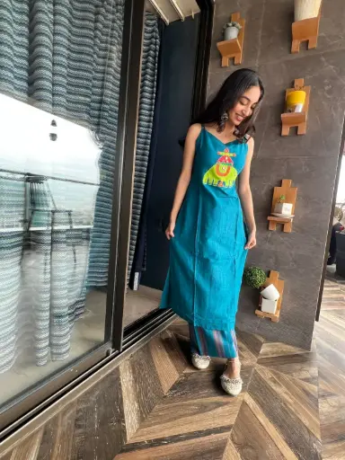 Teal Blue Elephant Embroidered Cotton Co-ord Set